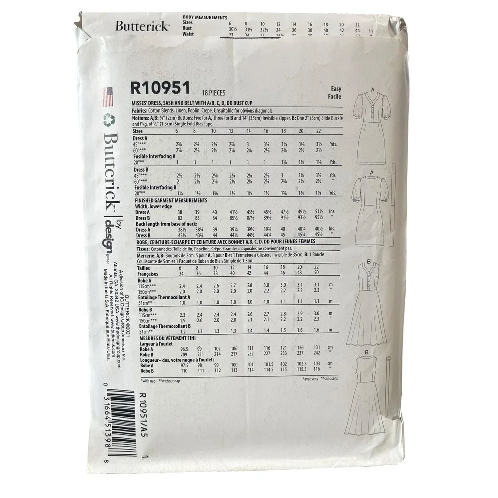 Butterick R10951 Misses' Dress Sash Belt A5 (6-8-10-12-14) Modern